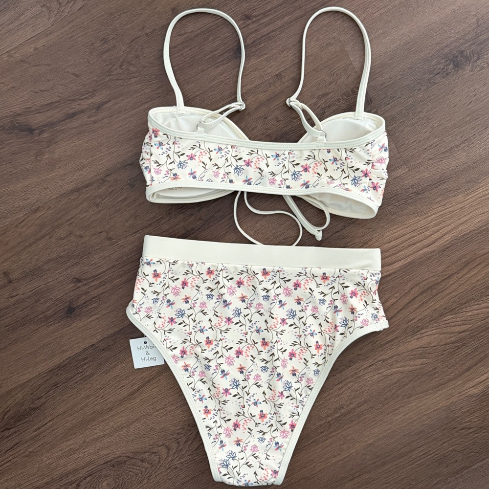 NWOT Caroline Constas Floral High-Waist High-Leg Bikini Set XS Cream Pink - Picture 5 of 6